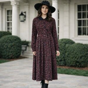 VTG Laura Ashley Corduroy Ditsy Floral Midi Dress Collared Farmcore Whimsygoth